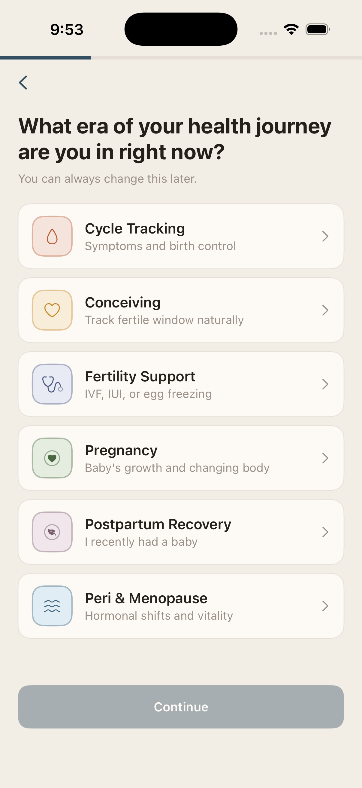 A screen from the Eras app asking which era of your health journey you are in right now, with options for cycle tracking, conceiving, fertility support, pregnancy, postpartum recovery, and peri and menopause.